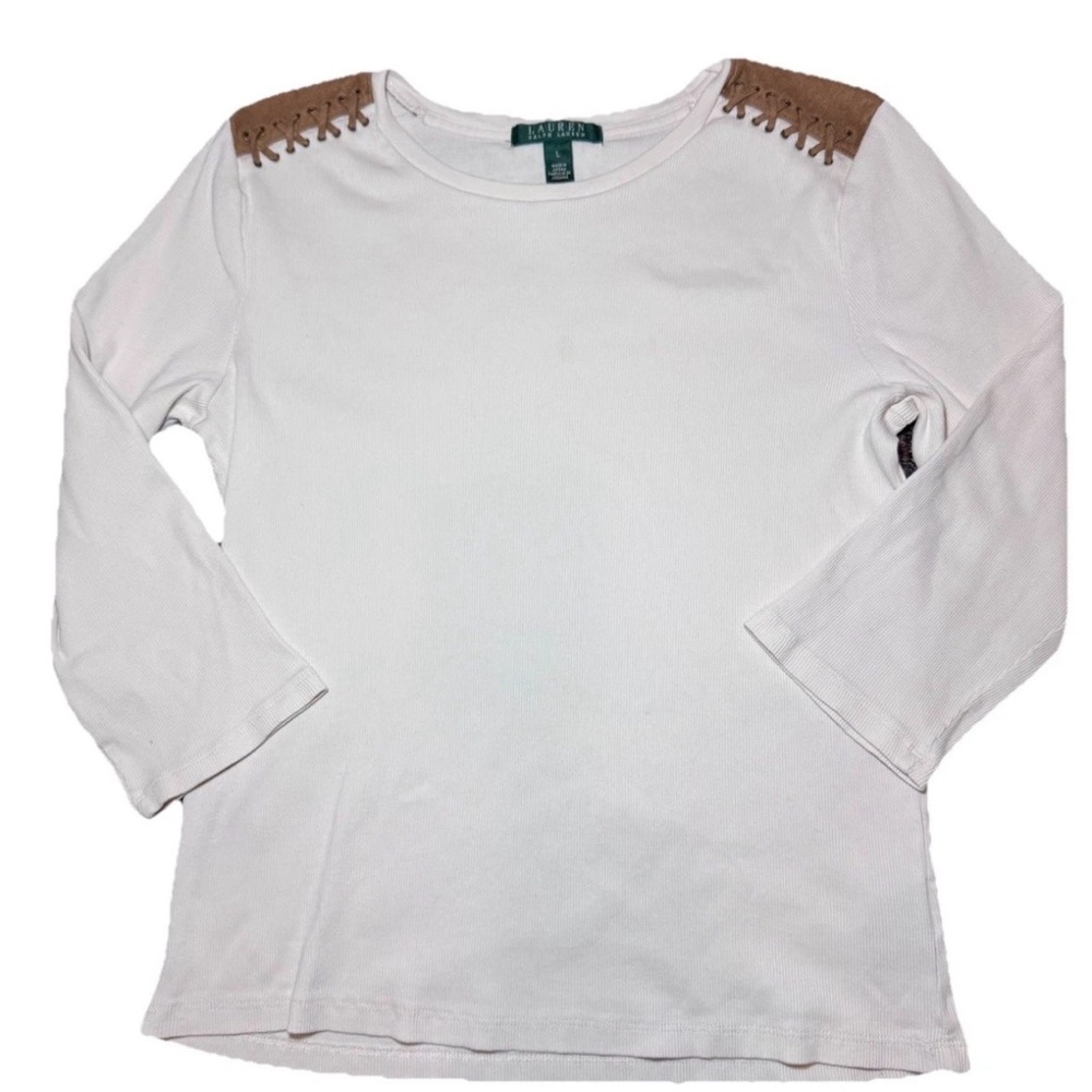Lauren Ralph Lauren White Faux Suede Lace Up Accent Long Sleeve Shirt Womens L